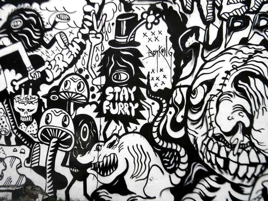 Pared de graffiti en blanco y negro con monstruos de dibujos animados, calaveras y hongos. — Graffiti Negro Fondos de pantalla