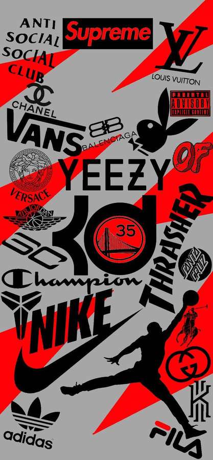 Colagem de papel de parede de logotipos de moda e tênis com silhueta de jogador de basquete. — Graffiti Nike Papéis de Parede