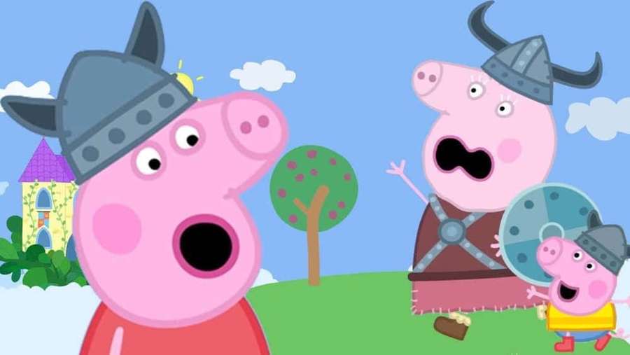 Peppa Pig and family dressed as Vikings in a cartoon outdoor scene. — Granny Pig Wallpaper