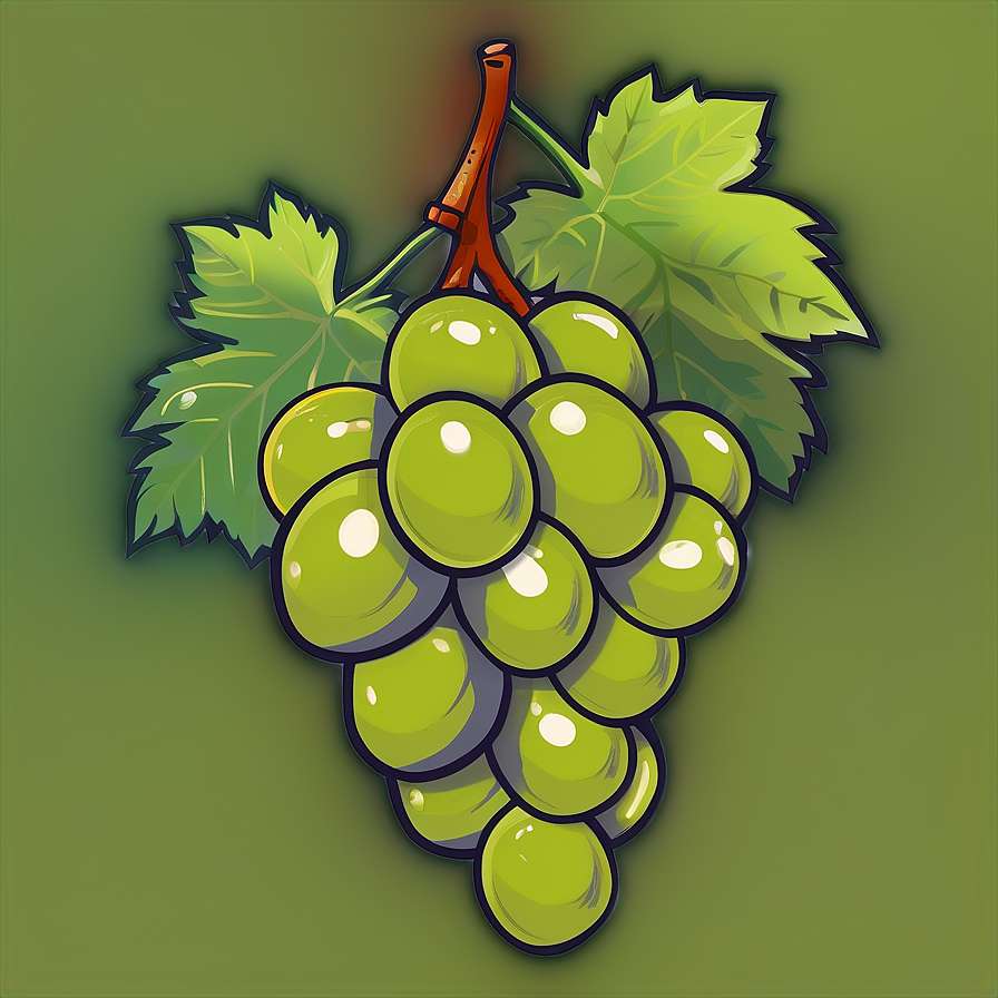 Cluster of green cartoon grapes with leaves on a solid green background. — Grape PNG