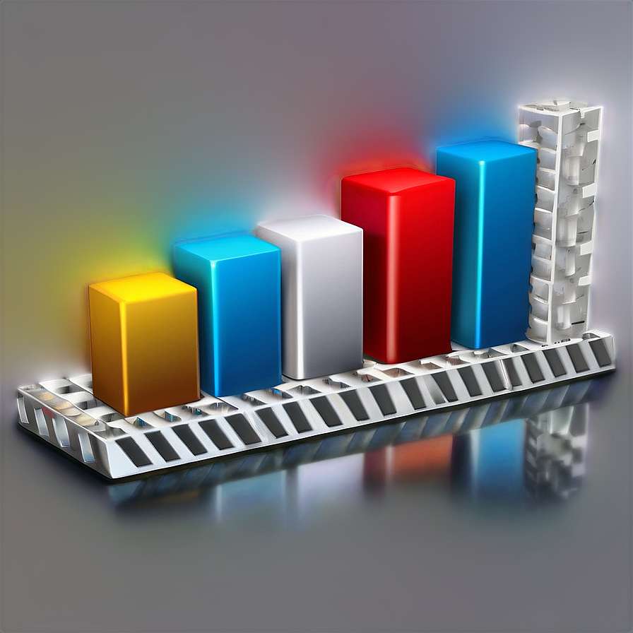 Glowing colorful 3d bars on metallic platform with reflections — Graph PNG