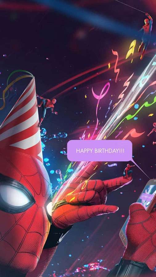 Spider-Man in a party hat celebrating with confetti and a 'Happy Birthday' sign. — Graphic iPhone Wallpaper