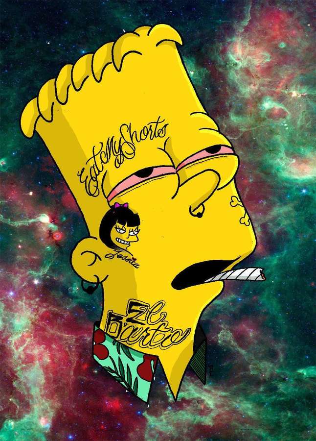 Bart Simpson mit Tätowierungen und Zigarette vor einem farbenfrohen kosmischen Nebel. — Gras Rauchen Wallpaper
