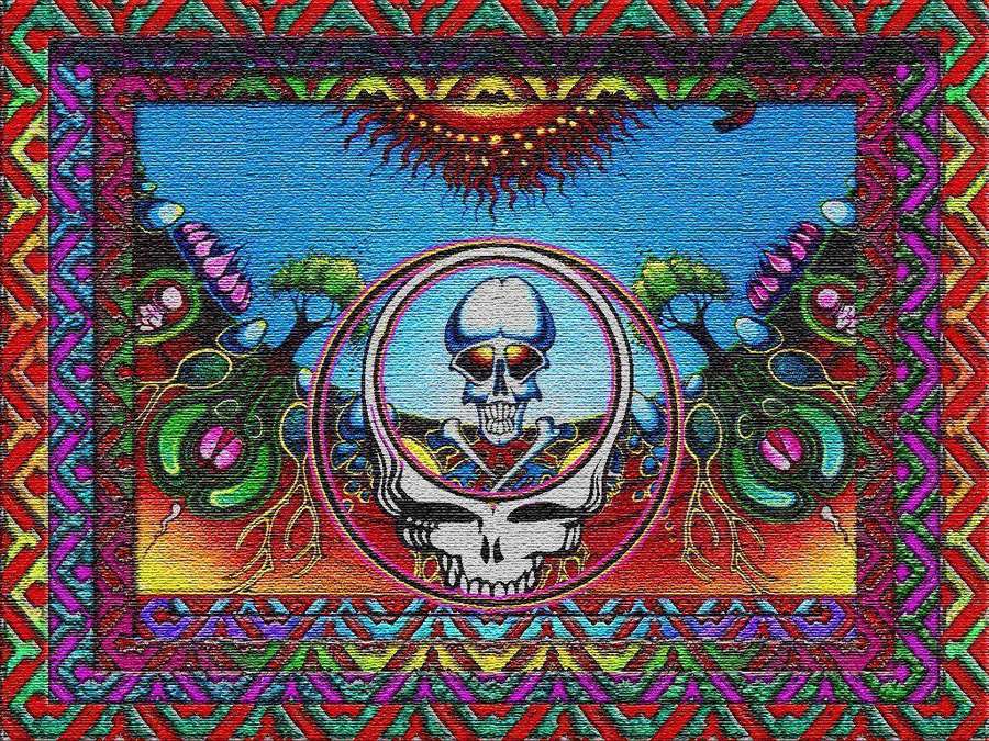 A colorful psychedelic illustration with a skull, rainbow eyes, and geometric patterns. — Grateful Background