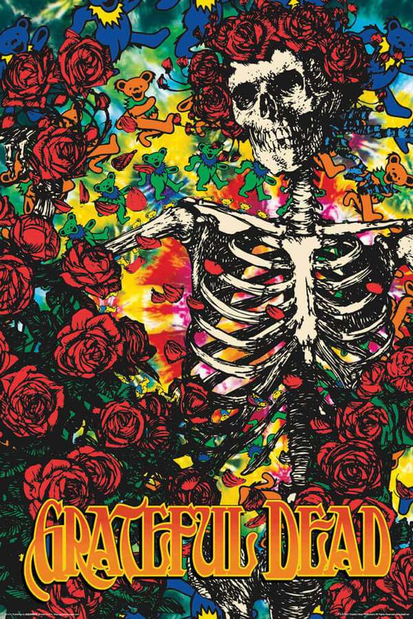 Kerangka yang dikelilingi mawar merah dan beruang menari di latar belakang tie-dye yang berwarna-warni. — Grateful Dead iPhone Wallpaper