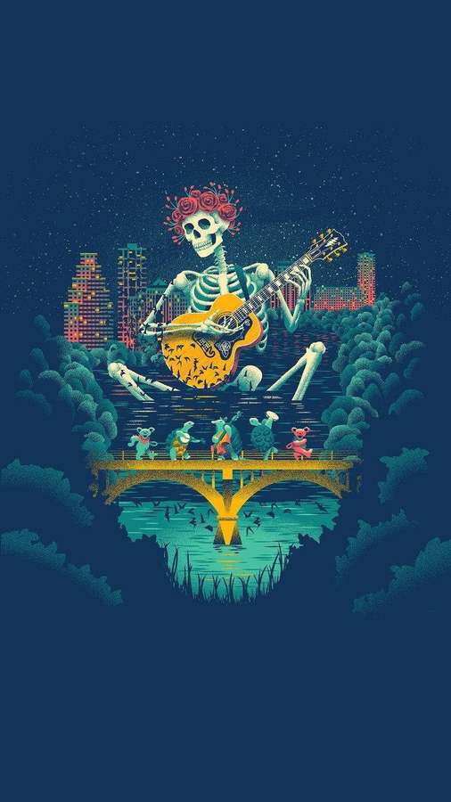 Un esqueleto con una corona de rosas toca la guitarra en un puente mientras pequeñas figuras bailan bajo estrellas. — Grateful Dead Fondos de pantalla