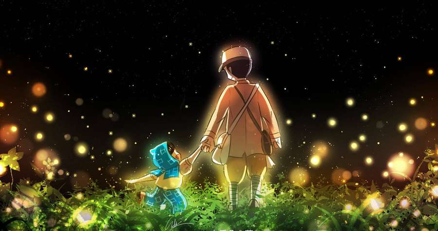 Two children holding hands in a field of glowing fireflies under a starry night sky. — Grave Wallpaper