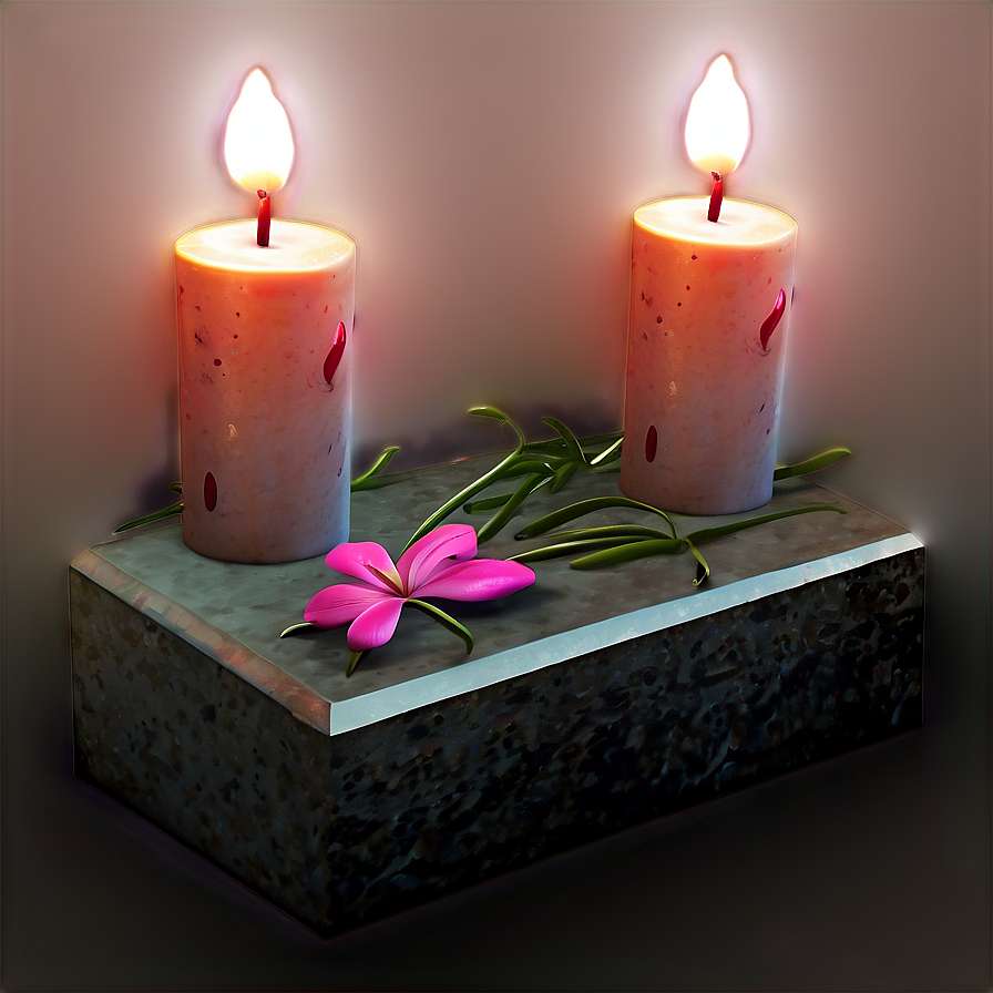 Two lit candles with red wax drips beside a pink flower on a stone block. — Grave PNG