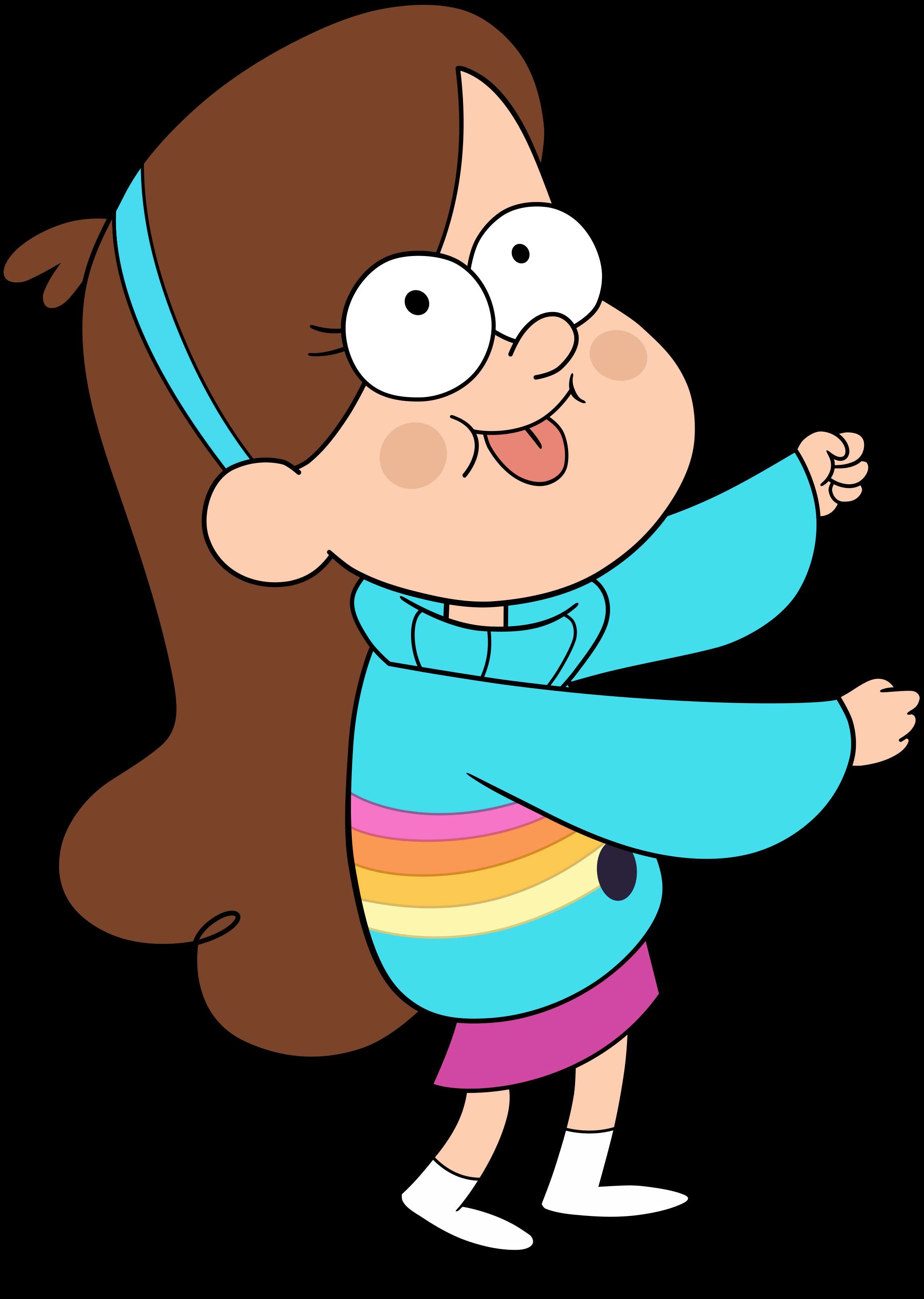 A cartoon girl in a blue hoodie with rainbow stripes dances with a happy expression. — Gravity Falls PNG