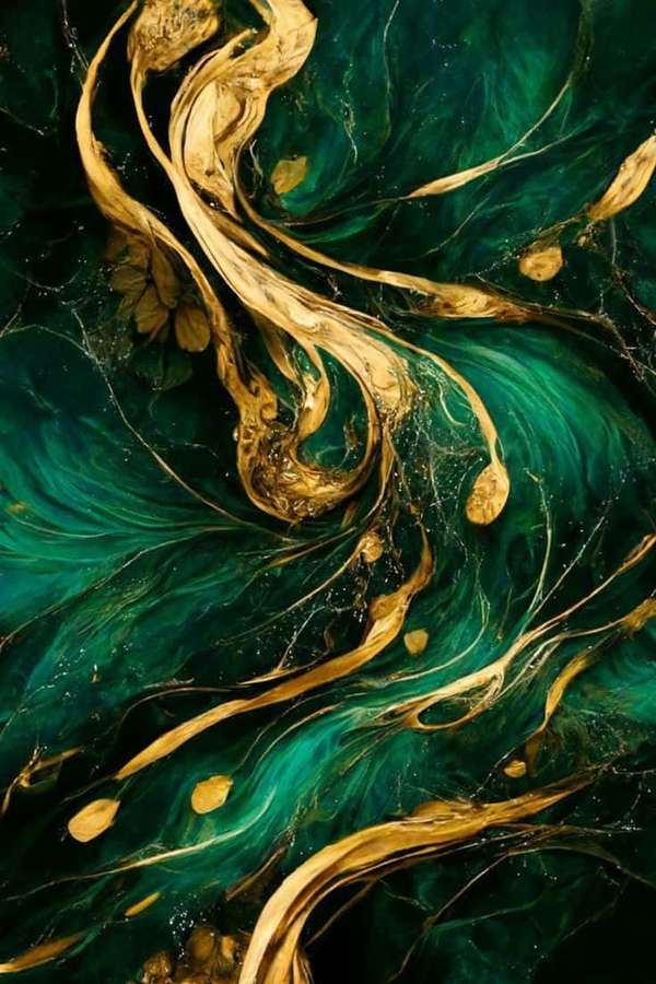 Dynamic swirls of emerald green and gold liquid flow in an abstract digital artwork. — Green And Gold Wallpaper