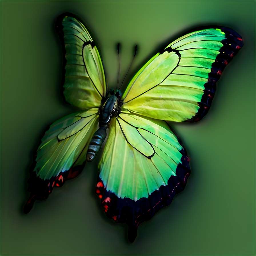 A colorful butterfly with green wings and red tips against a green backdrop. — Green Butterfly PNG