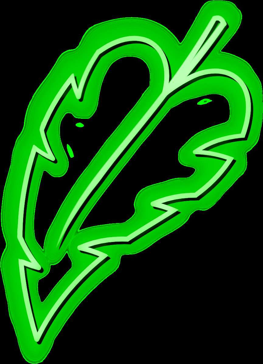 Glowing neon green leaf outline with jagged edges on black background — Green Leaf PNG