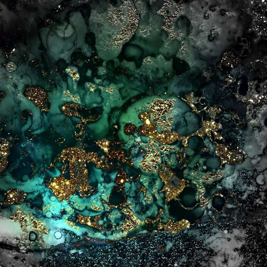 Abstract teal and gold fluid art with glittery metallic texture on dark background — Green Marble Background