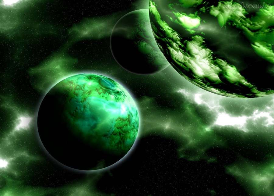 Three glowing green planets in a dark cosmic nebula with stars. — Green Space Wallpaper