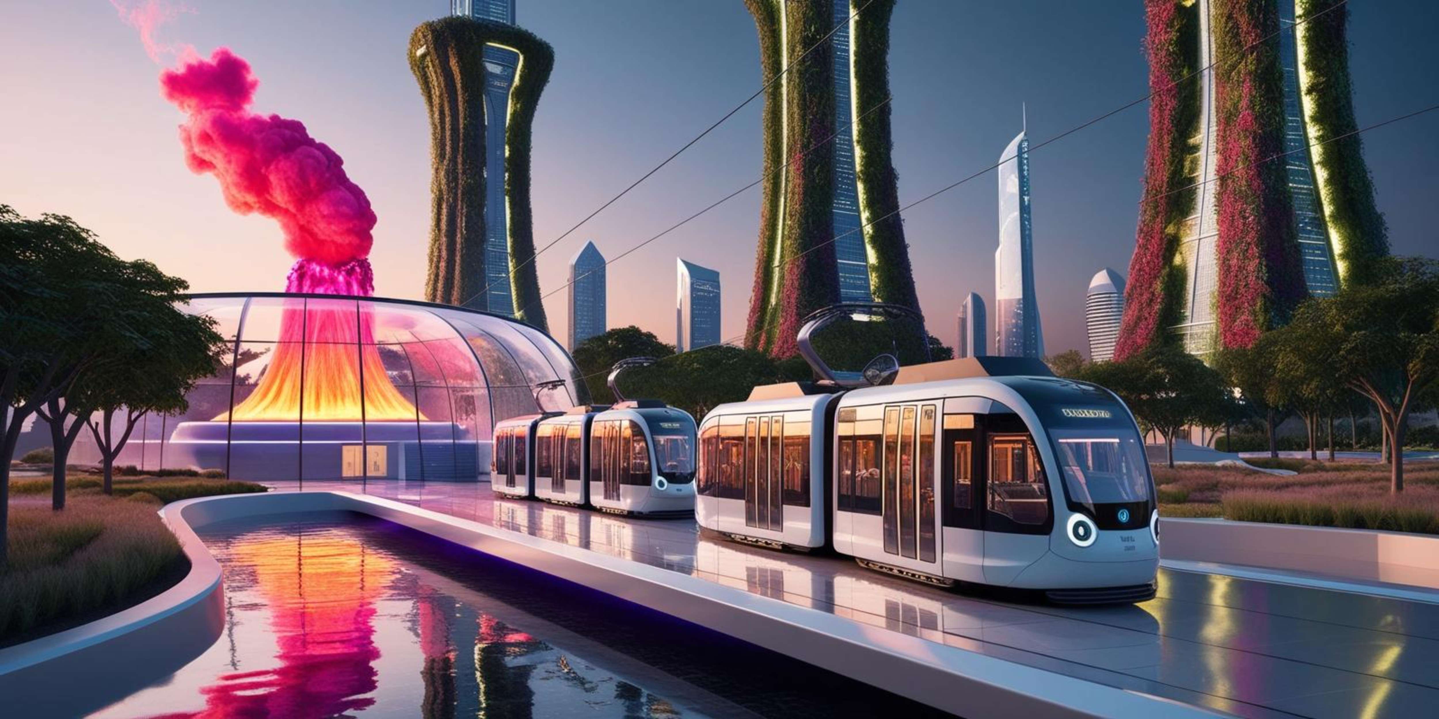 Futuristic tram passing by a glowing pink volcano sculpture in a modern city at sunset. — Greenery PNG