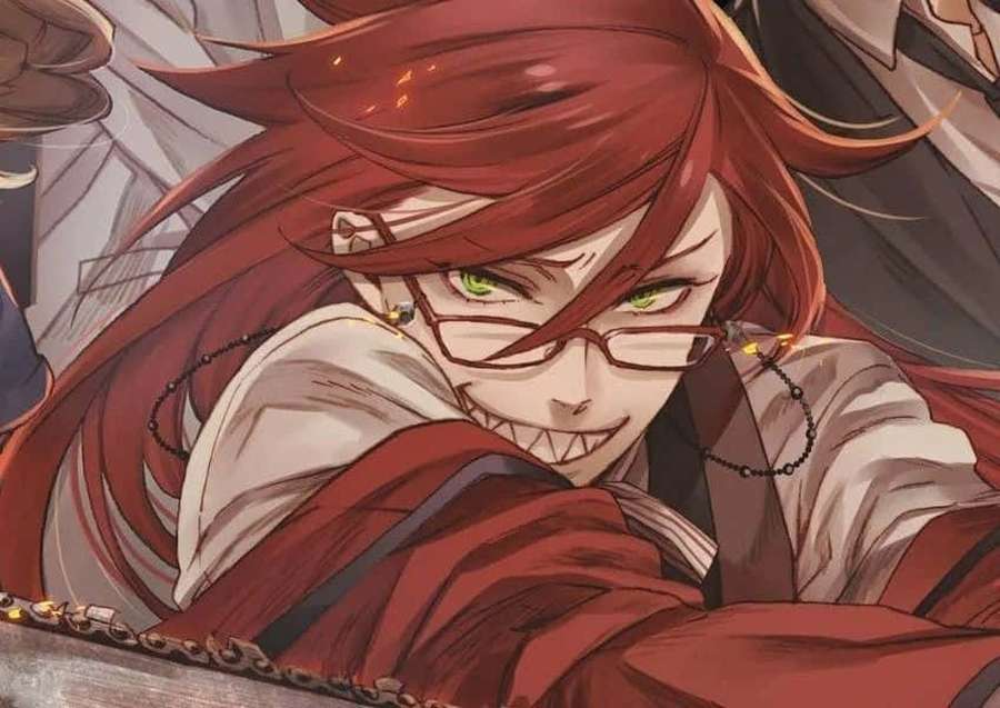 Anime character with red hair and glasses grinning with sharp teeth and glowing green eyes. — Grell Sutcliff Wallpaper