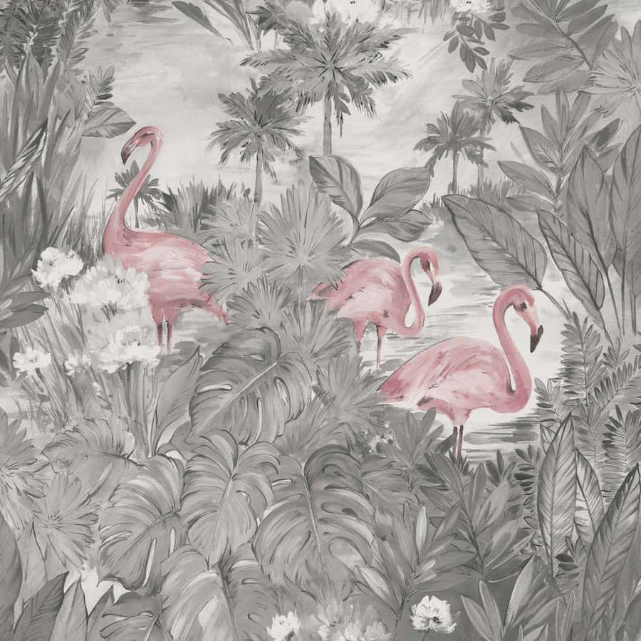 Pink flamingos in tropical foliage with palm trees and white flowers. — Grey And Pink Wallpaper