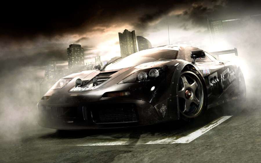 Black race car drifting in smoky city at night with skyscrapers behind. — Grid Autosport Background