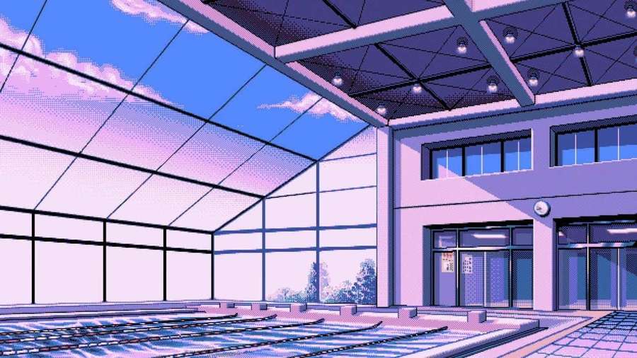 Pixel-art school gymnasium with bleachers and glass roof showing sky — Grid Picture