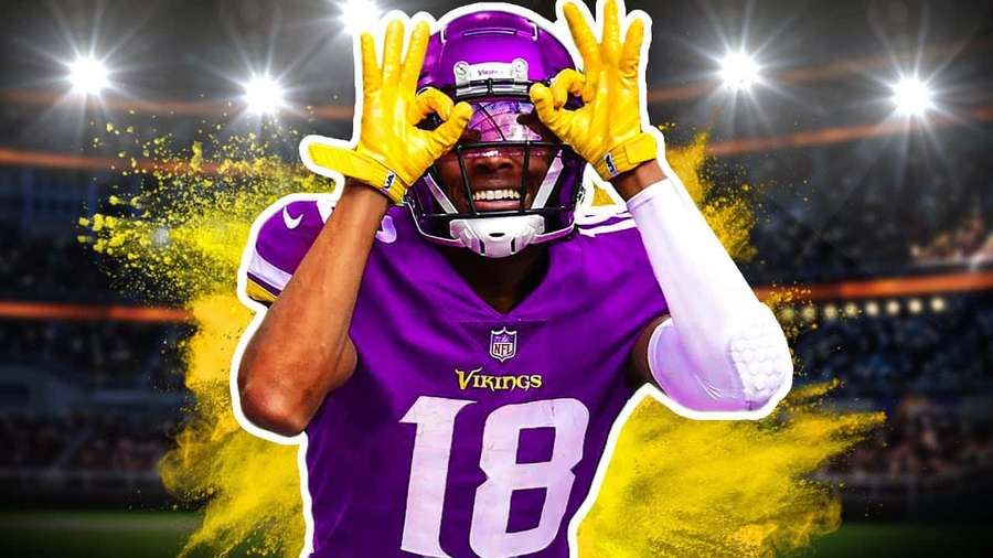 Football player in purple Vikings jersey number 18 making ok signs with yellow powder exploding around him. — Griddy Wallpaper