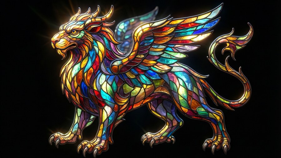 A colorful stained glass griffin with light effect, isolated on black. — Griffin Wallpaper