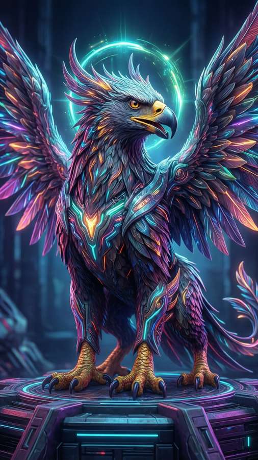 A sci-fi griffin with neon glow and geometric platform, isolated on dark background. — Griffin Picture