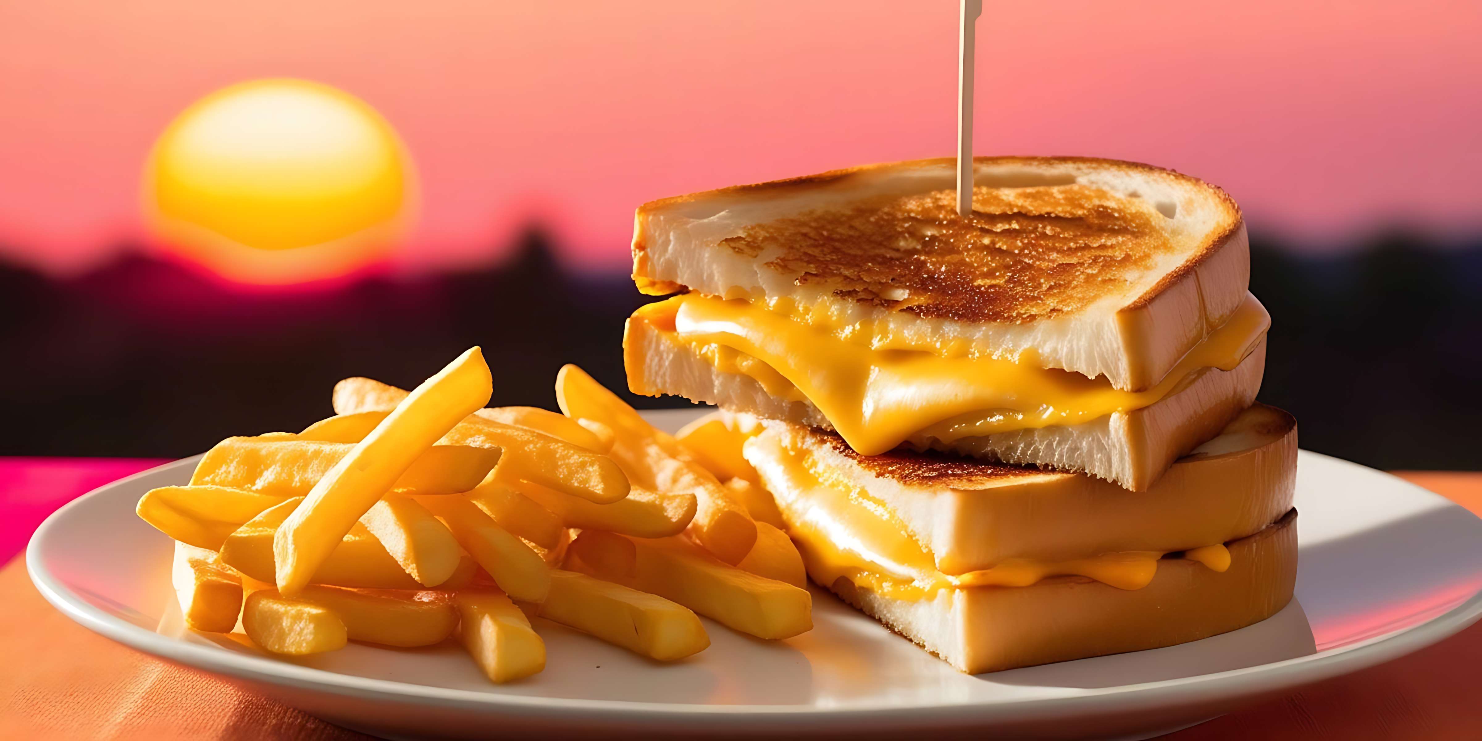 Grilled cheese sandwich and fries on a plate with a sunset in the background. — Grilled Cheese Wallpaper