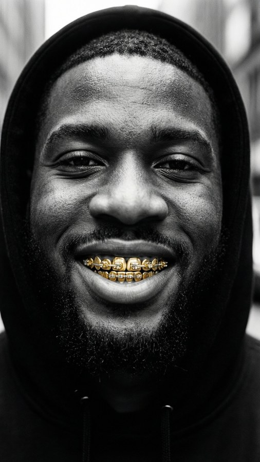 Black and white portrait of a hip-hop artist showing gold grillz, gritty street style. — Grillz Wallpaper