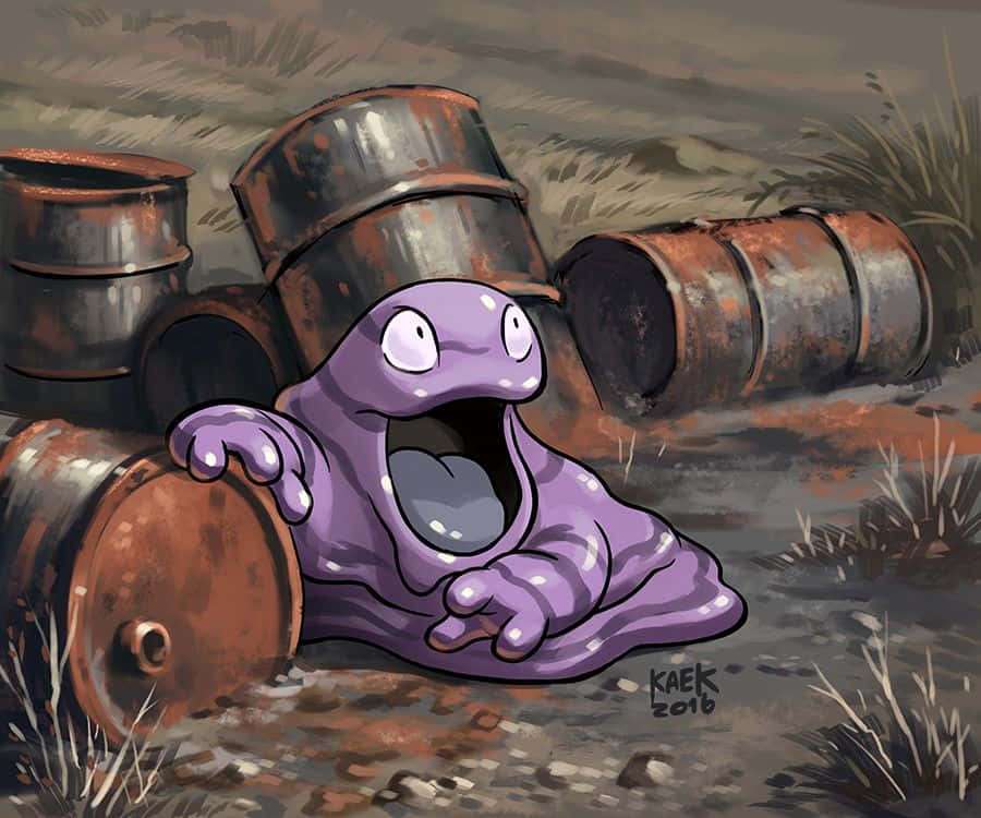 Purple cartoon mudfish with wide eyes sits among rusty barrels in muddy wasteland. — Grimer Wallpaper