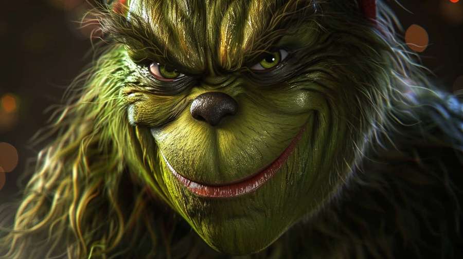 O Grinch com um sorriso sinistro e olhos brilhantes em um cenário festivo. — Grinch Engraçado Papéis de Parede