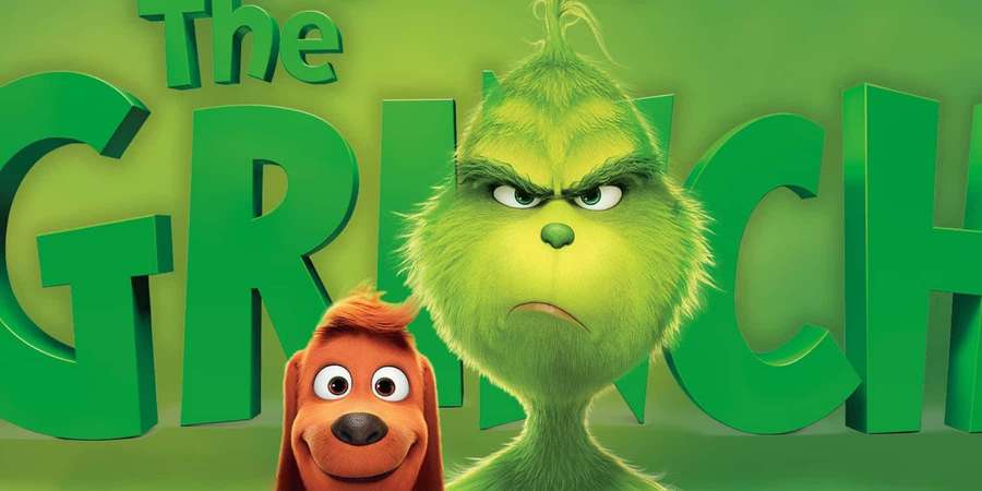 Grinch and his dog Max in front of green movie title letters. — Grinch Picture