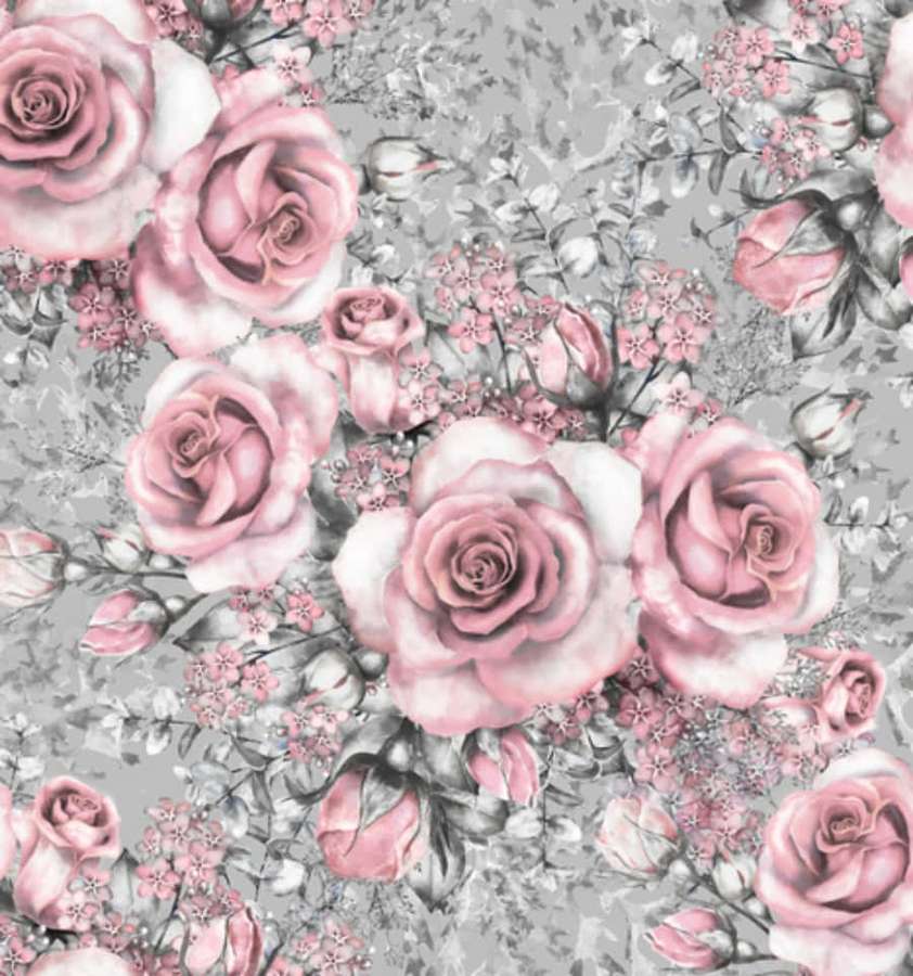 Rosas rosas y flores pequeñas sobre un fondo gris en un diseño floral repetitivo. — Gris y rosa Fondos de pantalla