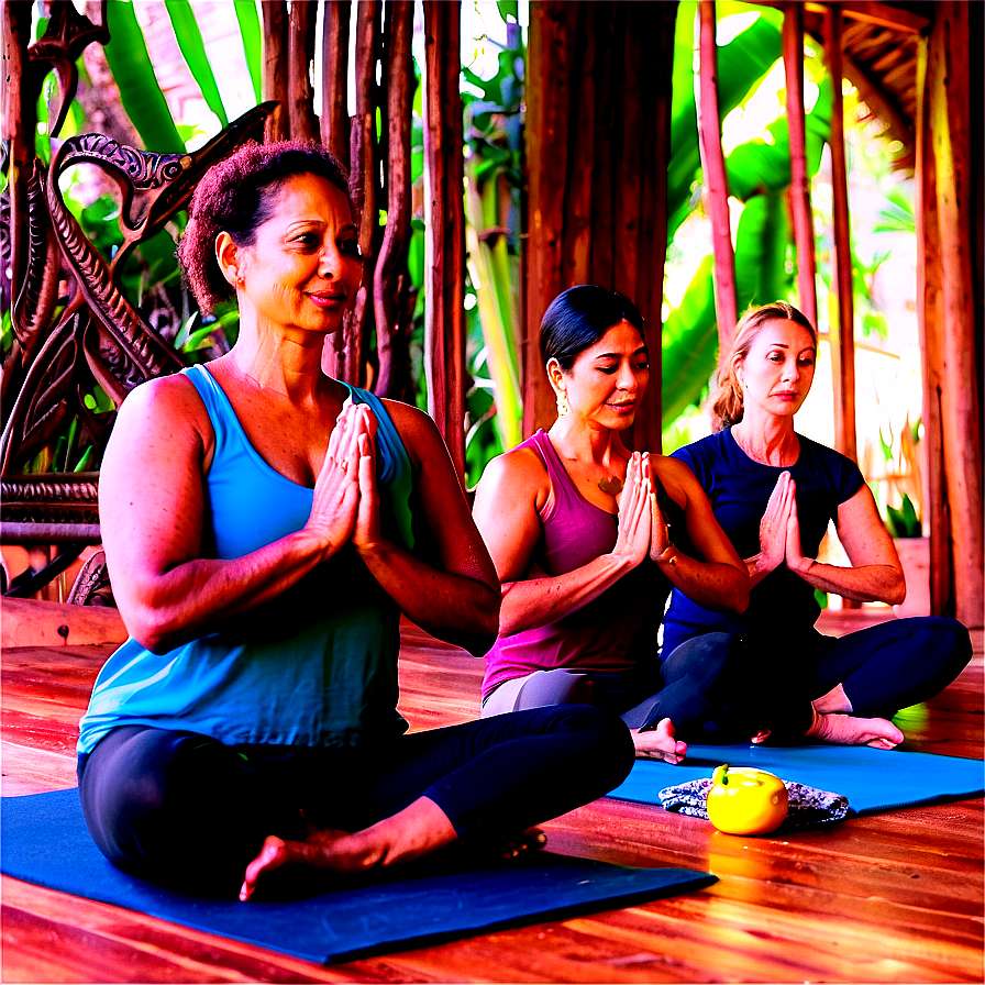 Three women practicing yoga in a tropical wooden pavilion surrounded by greenery. — Group PNG