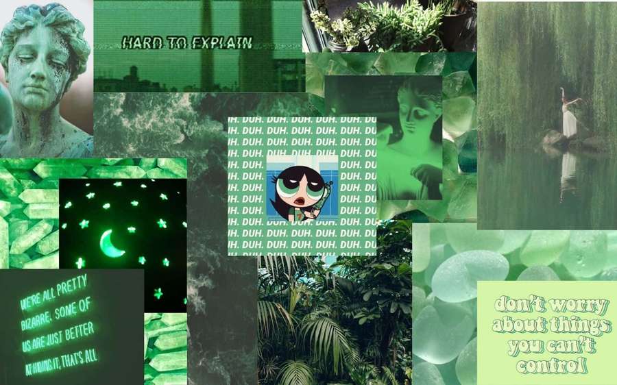 Grün getönte Collage mit Statue, Zeichentrick, Dschungel und motivierenden Texteinblendungen. — Grüne Collage Wallpaper