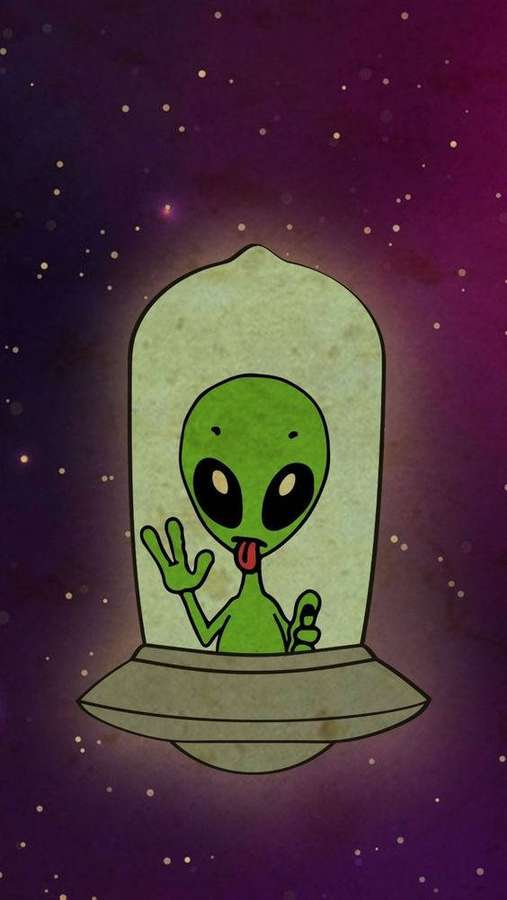 Ein Cartoon-Alien winkt und streckt die Zunge aus einer fliegenden Untertasse im Weltraum heraus. — Grüner Anime Wallpaper
