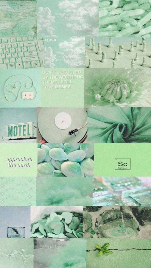 Mintgrüne Collage mit Tastatur, Blumen, Schachfiguren und Motelschildern. — Grünes Ästhetisches iPhone Wallpaper