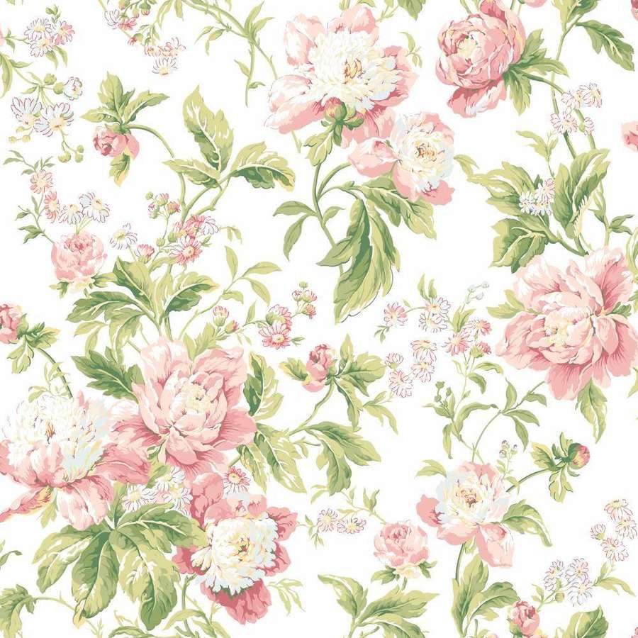 Vintage-Blumentapete mit rosa Pfingstrosen und grünen Blättern auf cremefarbenem Hintergrund. — Grünes Blumenmuster Wallpaper