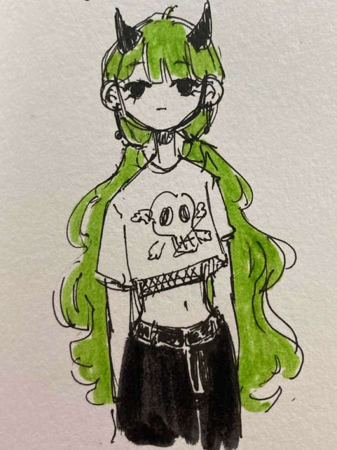 Anime-Mädchen mit grünen Haaren und Hörnern, das ein Totenkopf-T-Shirt und schwarze Hosen trägt. — Grunge Cartoon Wallpaper