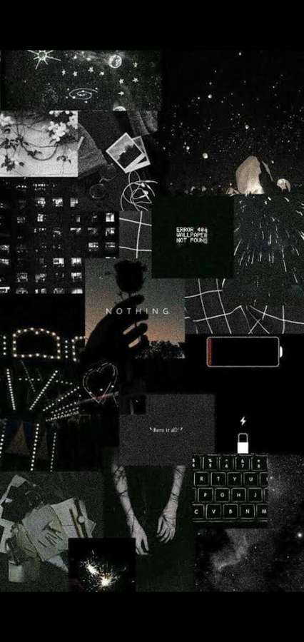 Schwarz-weiße digitale Collage mit Sternen, Händen, Text und Telefonelementen. — Grunge Emo Ästhetik Wallpaper