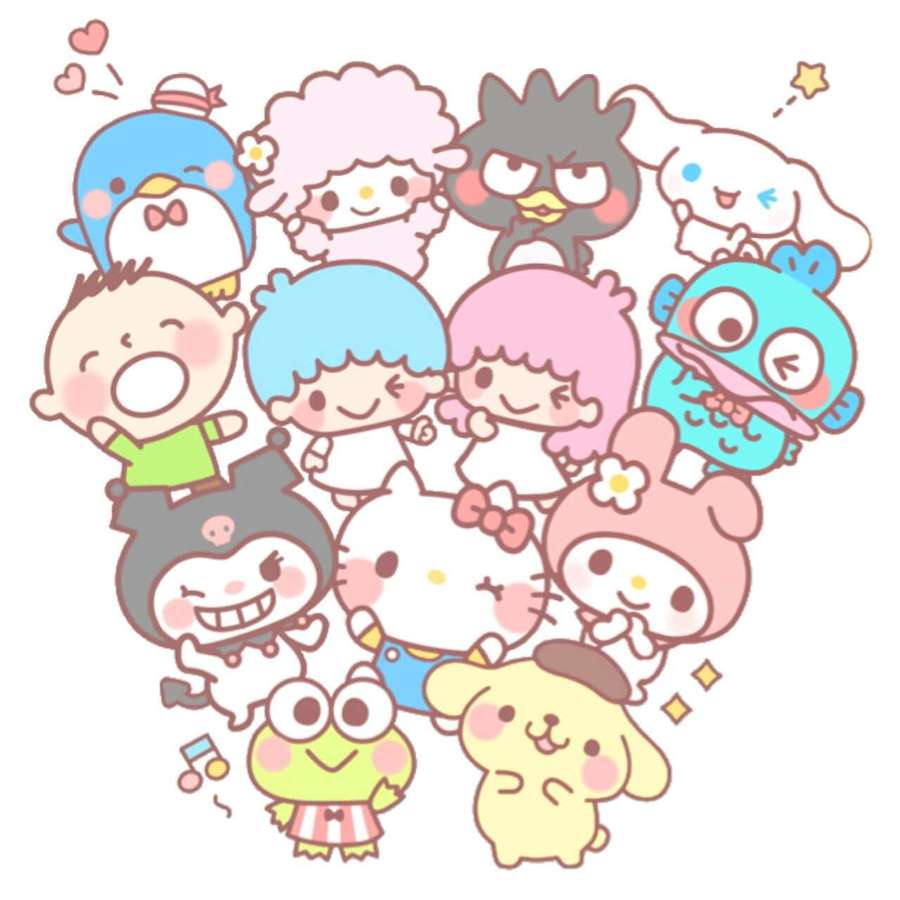 Grupo de personagens da Sanrio sorrindo e posando juntos em cores pastel. — Grupo de amigos Fotos
