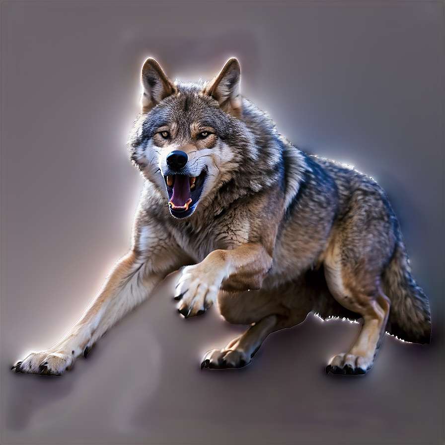Ein grauer Wolf, der mit entblößten Zähnen und glühendem Fell auf grauem Hintergrund nach vorne stürmt. — Gruseliger Wolf Wallpaper