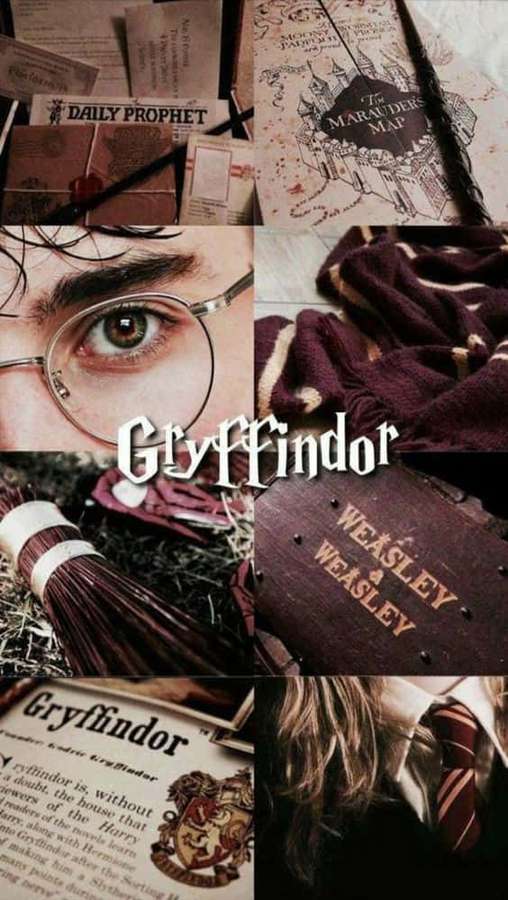 Gryffindor-Themen-Collage mit Harry-Potter-Memorabilien und Haussymbolen. — Gryffindor ästhetik Wallpaper