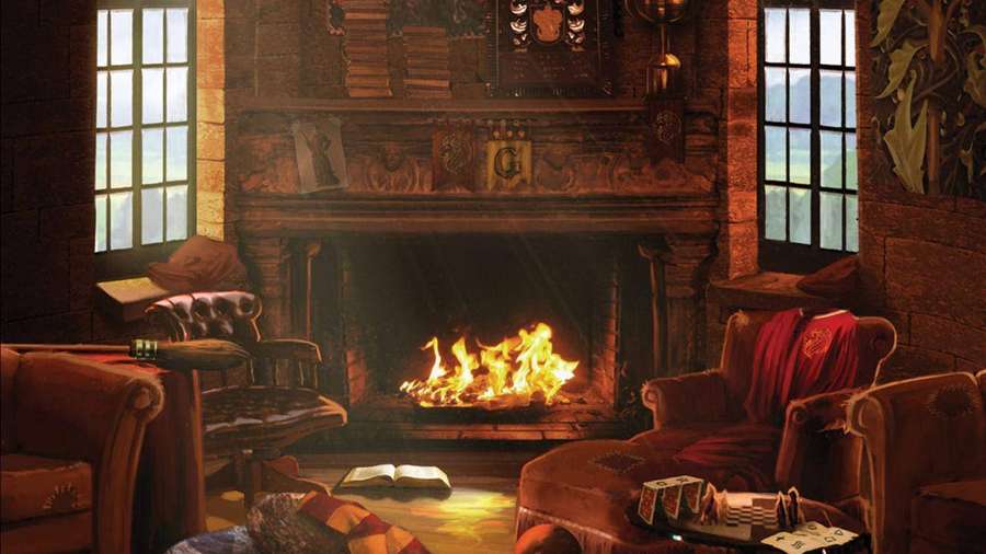 Gemütlicher Steinkamin in rustikaler Bibliothek mit Ledersesseln und offenen Büchern. — Gryffindor Bilder