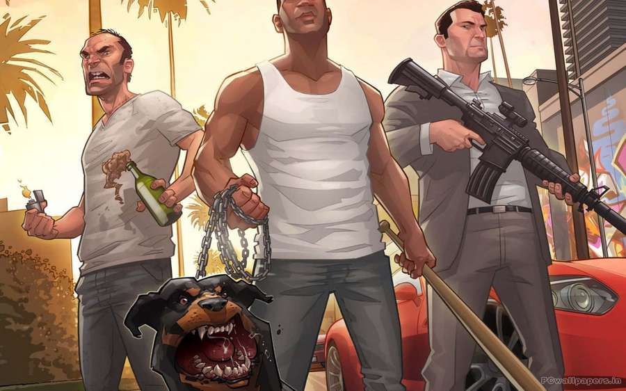 Three armed men and a snarling dog in a gritty urban alley at sunset. — Gta 5 Desktop Wallpaper