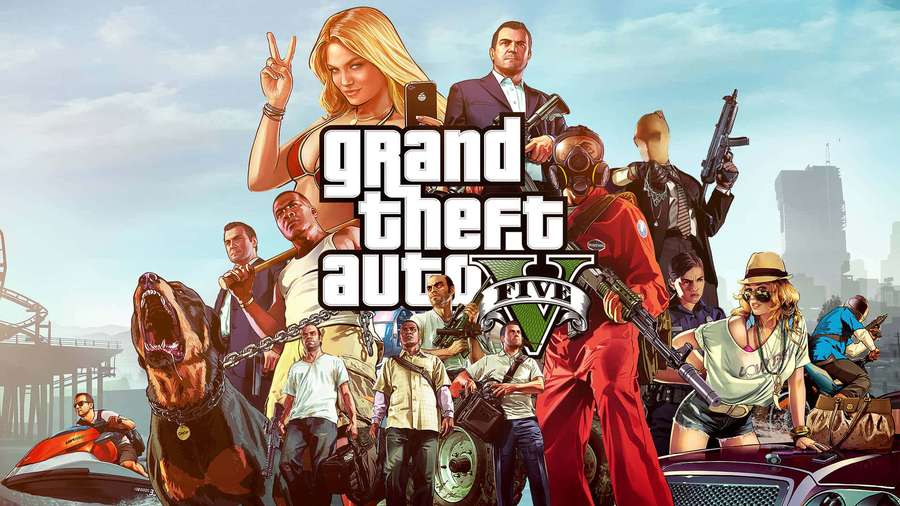 Grand Theft Auto V game characters with weapons and vehicles in a city scene. — Gta Background