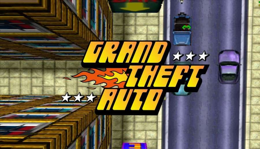 Grand Theft Auto game title screen with cars racing down a street. — Gta Picture