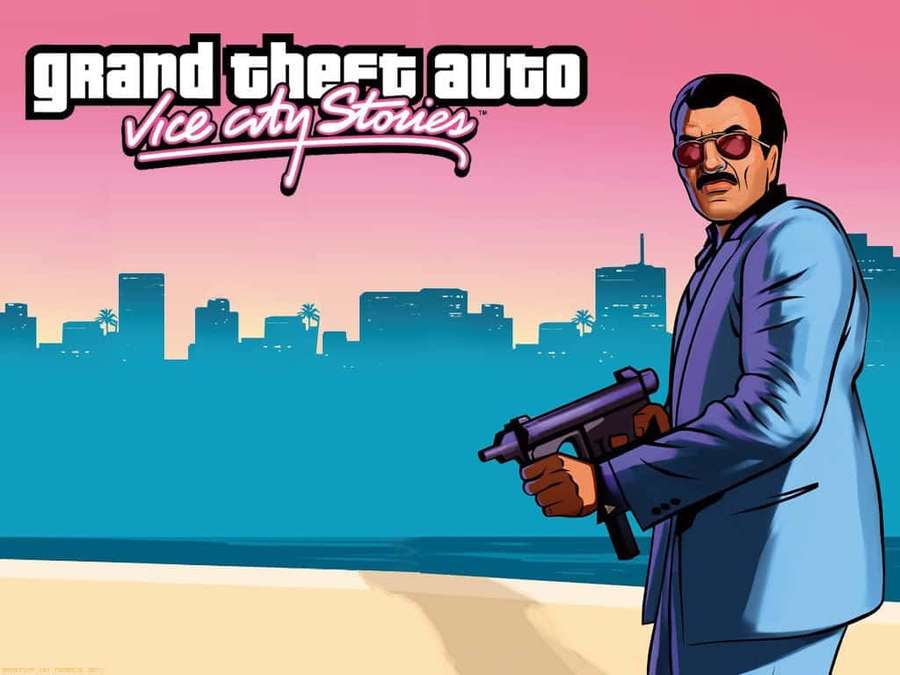 Man in blue suit and red sunglasses holding a gun on beach at sunset. — Gta Vc Wallpaper