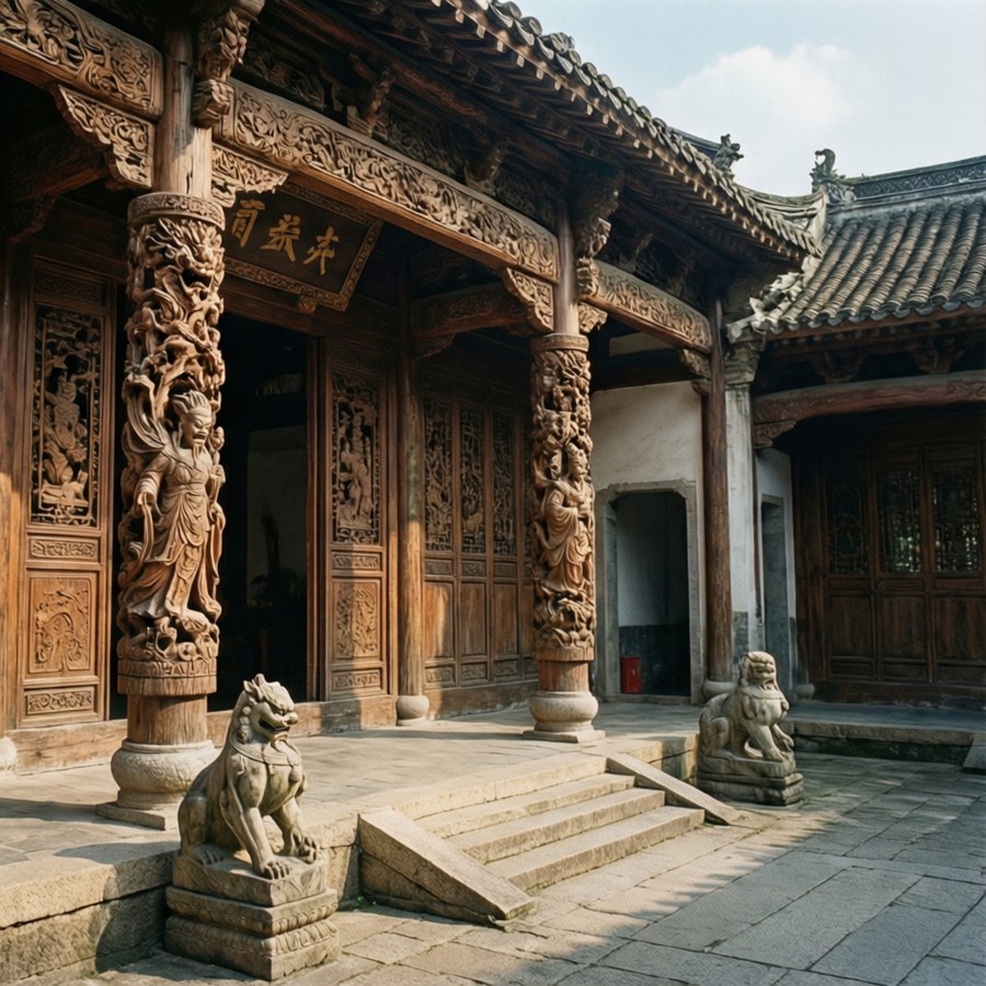 Detailed view of Chen Clan Academy's courtyard with ornate carvings — Guangzhou Background