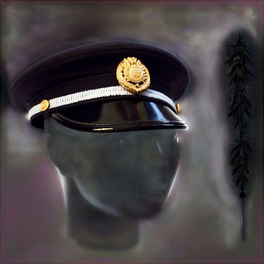 A black officer's cap with gold emblem displayed on a mannequin head against a smoky purple backdrop. — Guard PNG