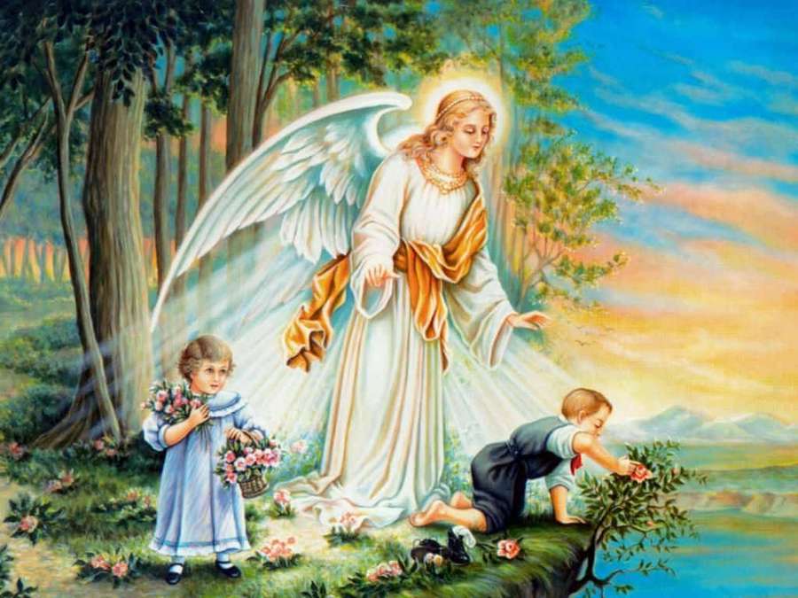 Angel with children in forest at sunset — Guardian Angels Wallpaper